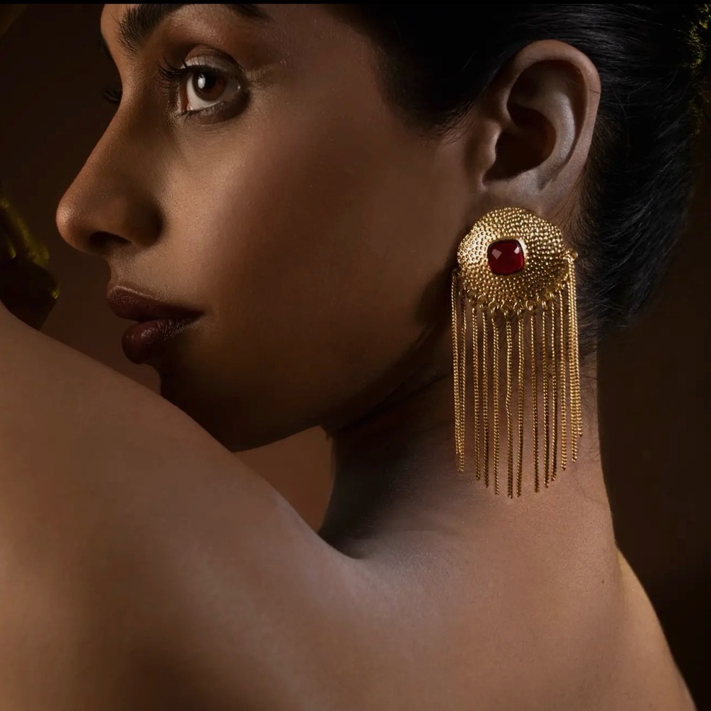 Handmade 18K Gold Plated Red Onyx Tassel Dangle Earrings NWT